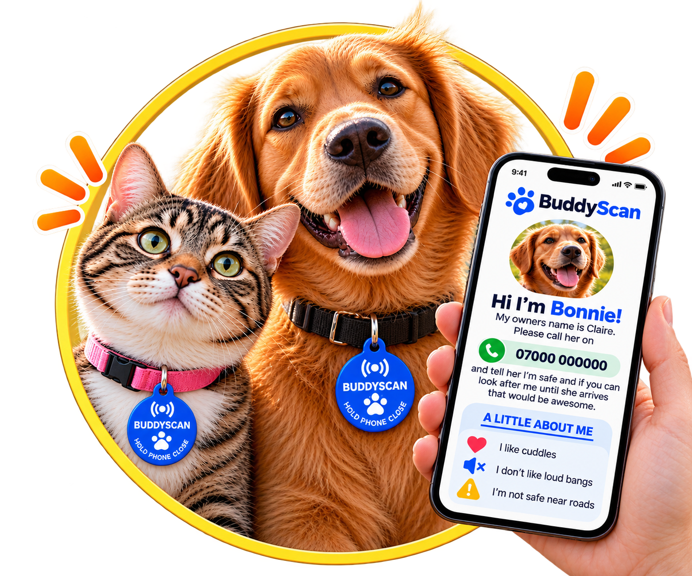 A cat and a dog wearing BUDDYSCAN, next to a phone showing the pet page